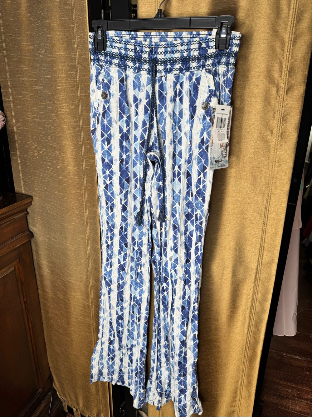 Rewash NWT Linen Blend Boho Wide Leg Pants Blue White XS - Picture 2 of 8